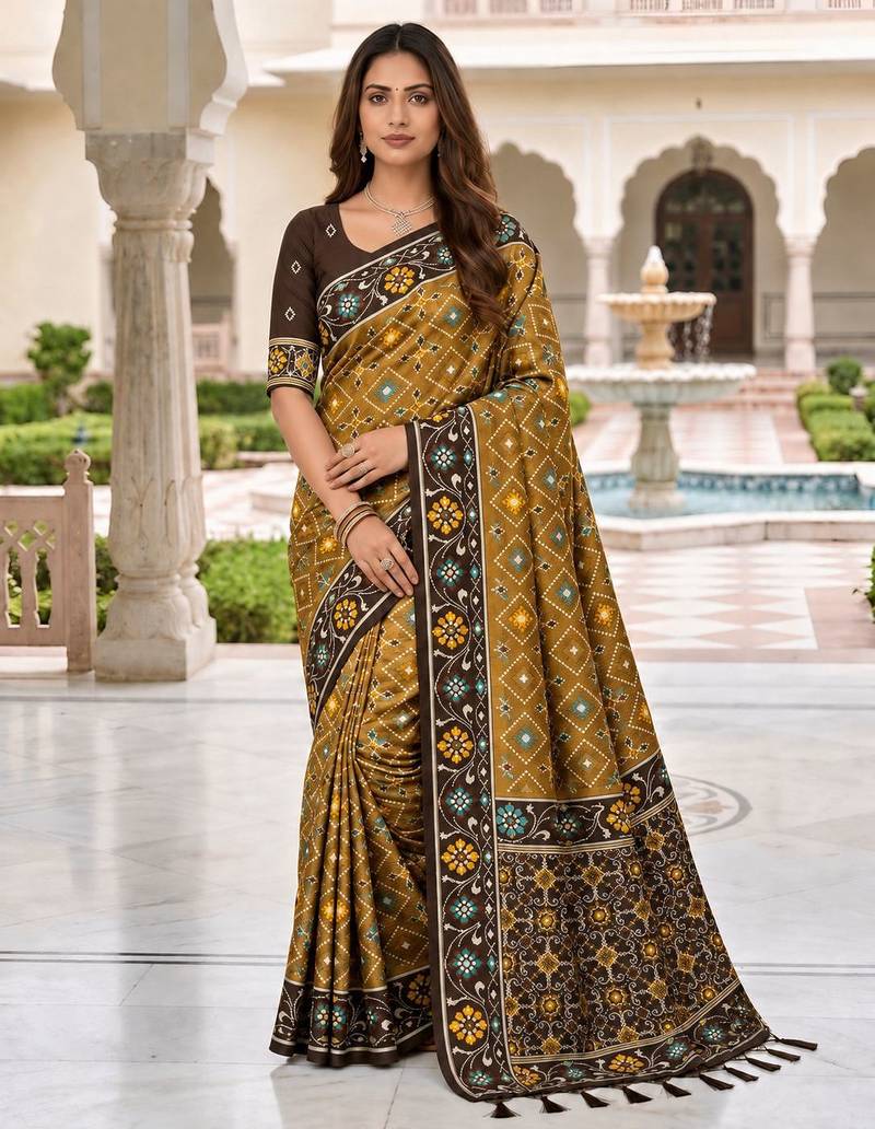brown color smart and rich woven meenakari jacquard designer patola silk blend saree