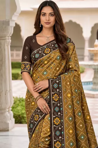 brown color smart and rich woven meenakari jacquard designer patola silk blend saree