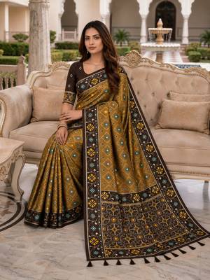 brown color smart and rich woven meenakari jacquard designer patola silk blend saree 5