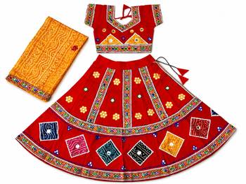 Red kutch work embroidered cotton mirrorwork chaniya choli set with dupatta 1