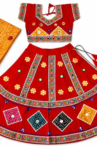 Red kutch work embroidered cotton mirrorwork chaniya choli set with dupatta