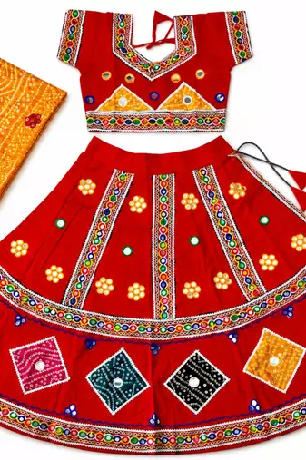 Red kutch work embroidered cotton mirrorwork chaniya choli set with dupatta
