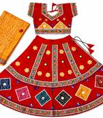 Red kutch work embroidered cotton mirrorwork chaniya choli set with dupatta