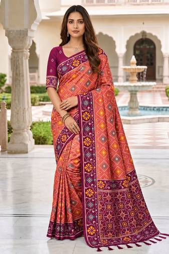 gajri color smart and rich woven meenakari jacquard designer patola silk blend saree
