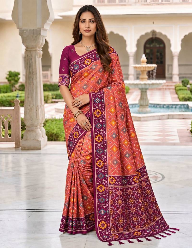gajri color smart and rich woven meenakari jacquard designer patola silk blend saree