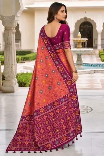 gajri color smart and rich woven meenakari jacquard designer patola silk blend saree