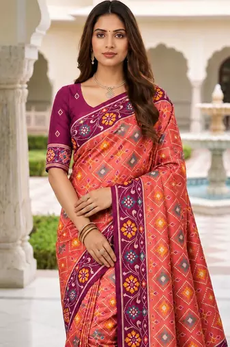 gajri color smart and rich woven meenakari jacquard designer patola silk blend saree