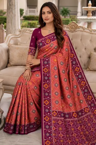 gajri color smart and rich woven meenakari jacquard designer patola silk blend saree