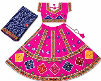 Pink kutch work embroidered cotton mirrorwork chaniya choli set with dupatta 1