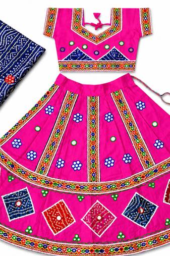 Pink kutch work embroidered cotton mirrorwork chaniya choli set with dupatta