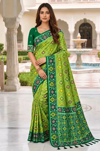 green color smart and rich woven meenakari jacquard designer patola silk blend saree