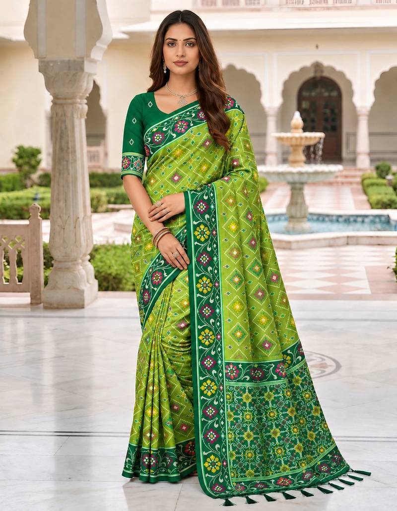 green color smart and rich woven meenakari jacquard designer patola silk blend saree