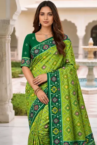 green color smart and rich woven meenakari jacquard designer patola silk blend saree