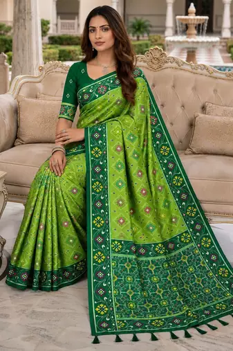 green color smart and rich woven meenakari jacquard designer patola silk blend saree