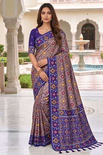 violet color smart and rich woven meenakari jacquard designer patola silk blend saree