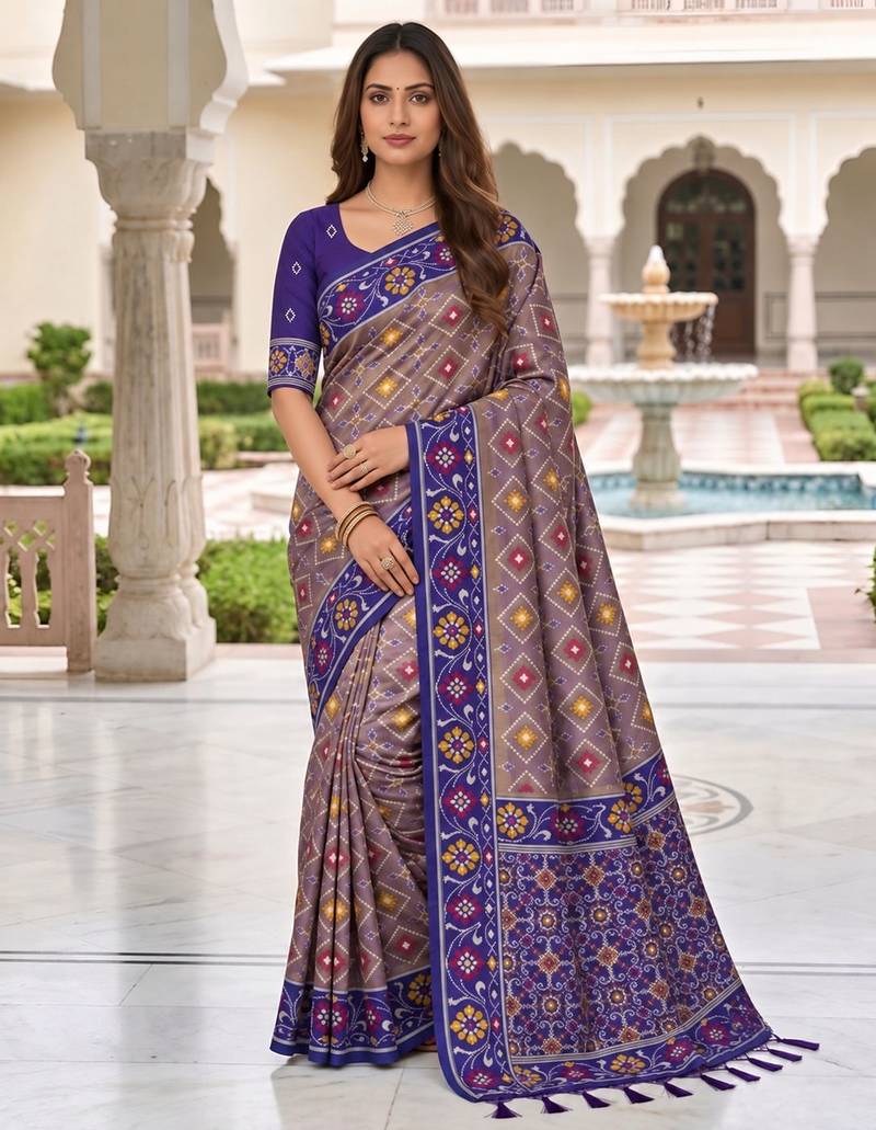 violet color smart and rich woven meenakari jacquard designer patola silk blend saree
