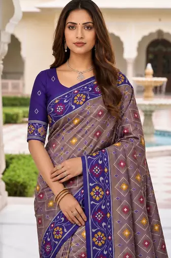 violet color smart and rich woven meenakari jacquard designer patola silk blend saree
