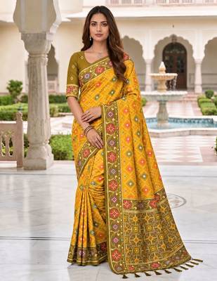 yellow color smart and rich woven meenakari jacquard designer patola silk blend saree 1