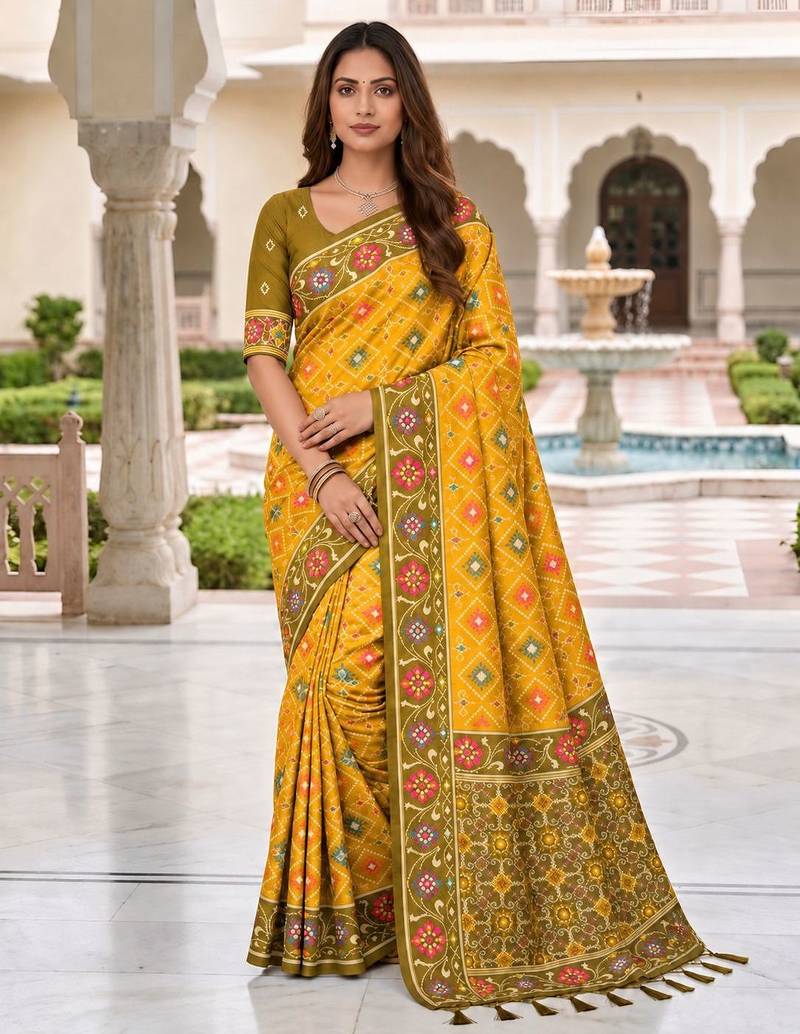 yellow color smart and rich woven meenakari jacquard designer patola silk blend saree