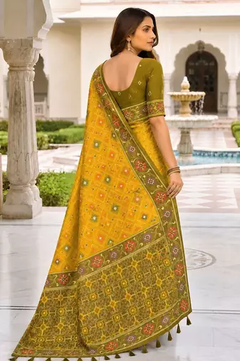 yellow color smart and rich woven meenakari jacquard designer patola silk blend saree