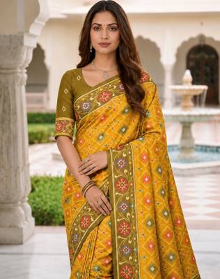 yellow color smart and rich woven meenakari jacquard designer patola silk blend saree 3