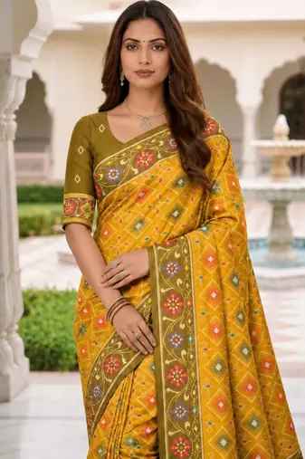 yellow color smart and rich woven meenakari jacquard designer patola silk blend saree