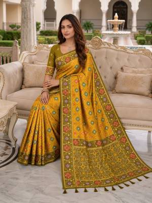 yellow color smart and rich woven meenakari jacquard designer patola silk blend saree 5