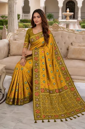 yellow color smart and rich woven meenakari jacquard designer patola silk blend saree