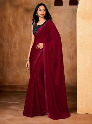 red color smart solid designer fancy ethnic partywear saree 4