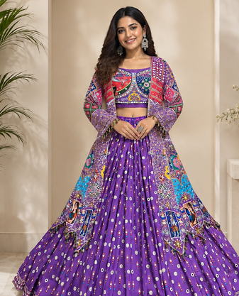 Purple Beautiful Digital Print & Mirror Work Cottton Navratri Lahenga Choli Set