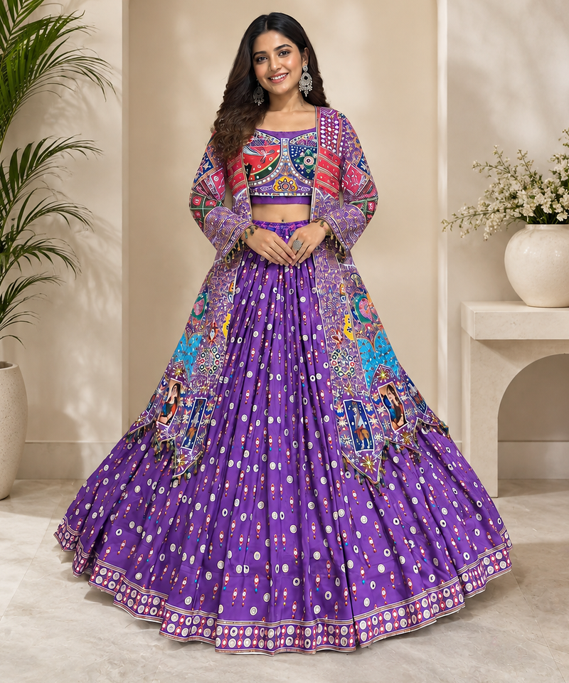 Purple Beautiful Digital Print & Mirror Work Cottton Navratri Lahenga Choli Set