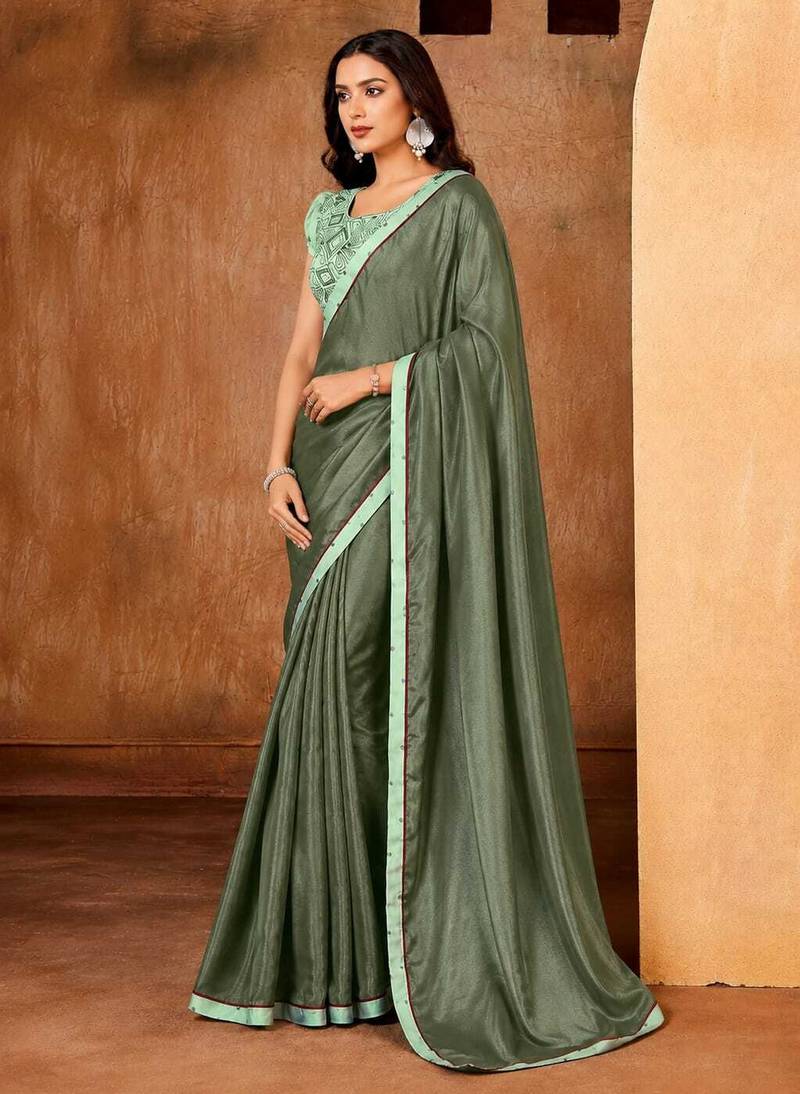 green color smart solid designer fancy ethnic partywear saree