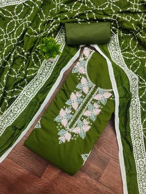 women's green unstitched roman silk dress material with embroidered dupatta 1