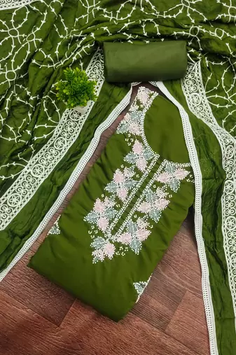 women's green unstitched roman silk dress material with embroidered dupatta