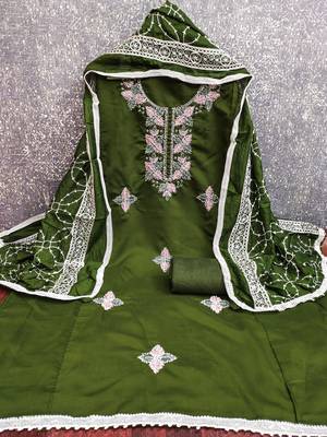 women's green unstitched roman silk dress material with embroidered dupatta 2