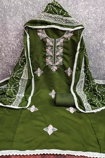 women's green unstitched roman silk dress material with embroidered dupatta