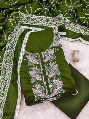 women's green unstitched roman silk dress material with embroidered dupatta 3