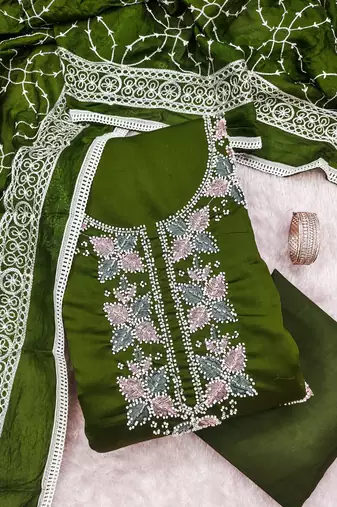 women's green unstitched roman silk dress material with embroidered dupatta