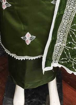 women's green unstitched roman silk dress material with embroidered dupatta 4