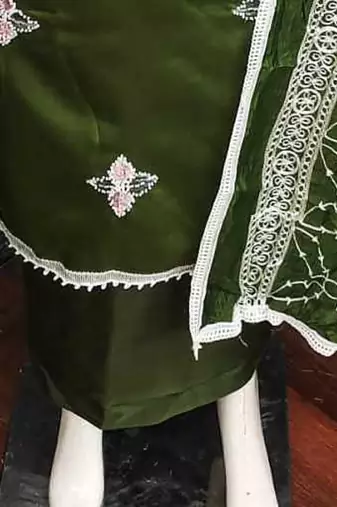 women's green unstitched roman silk dress material with embroidered dupatta