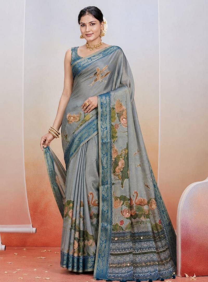 Blue color kanjivaram silk blend saree for fancy sophisticated saree