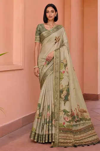 Beige color kanjivaram silk blend saree for fancy sophisticated saree