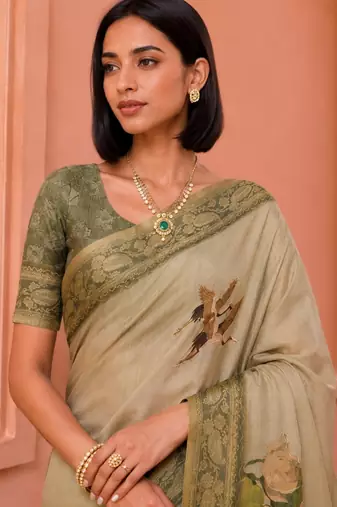 Beige color kanjivaram silk blend saree for fancy sophisticated saree