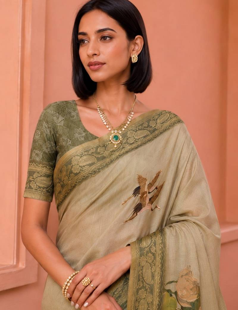 Beige color kanjivaram silk blend saree for fancy sophisticated saree