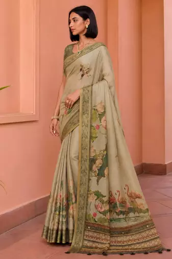 Beige color kanjivaram silk blend saree for fancy sophisticated saree