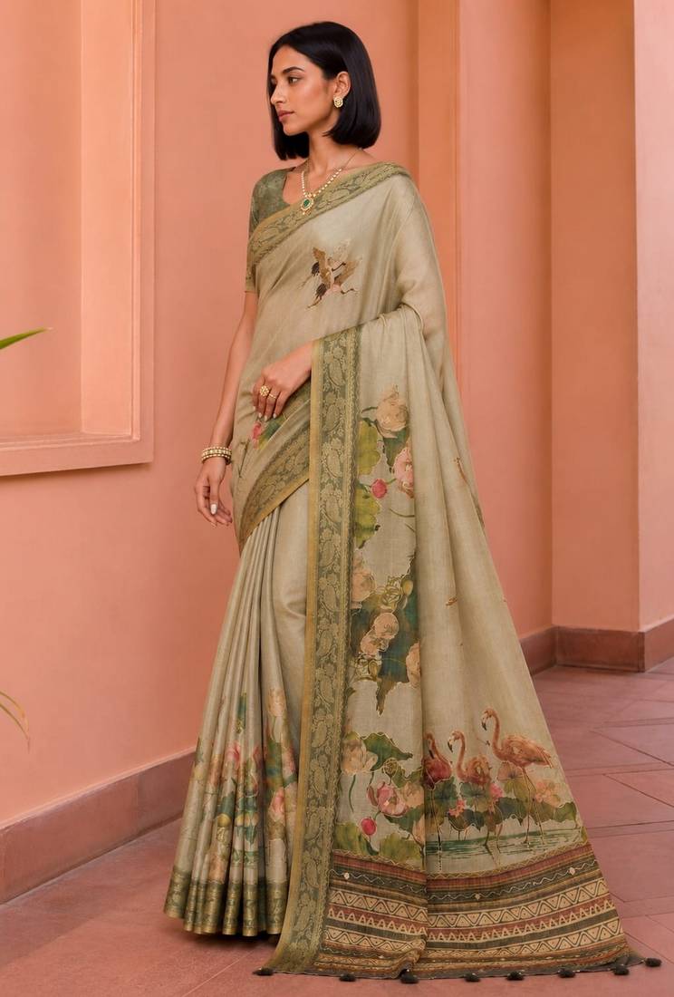 Beige color kanjivaram silk blend saree for fancy sophisticated saree