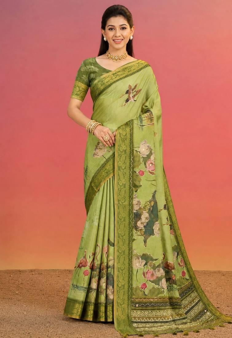 Olive color kanjivaram silk blend saree for fancy sophisticated saree