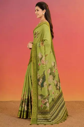 Olive color kanjivaram silk blend saree for fancy sophisticated saree