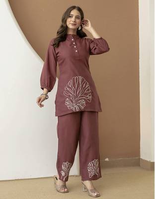 Brown cambric cotton embroidery work co-ord set kurta and straight pant for women 1