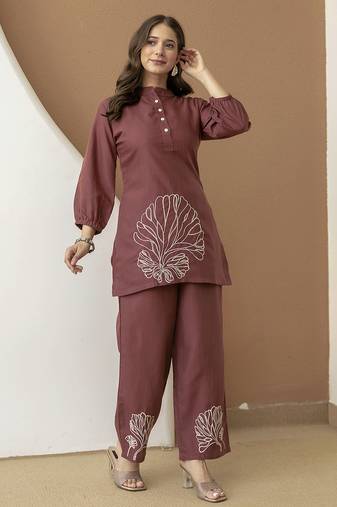 Brown cambric cotton embroidery work co-ord set kurta and straight pant for women